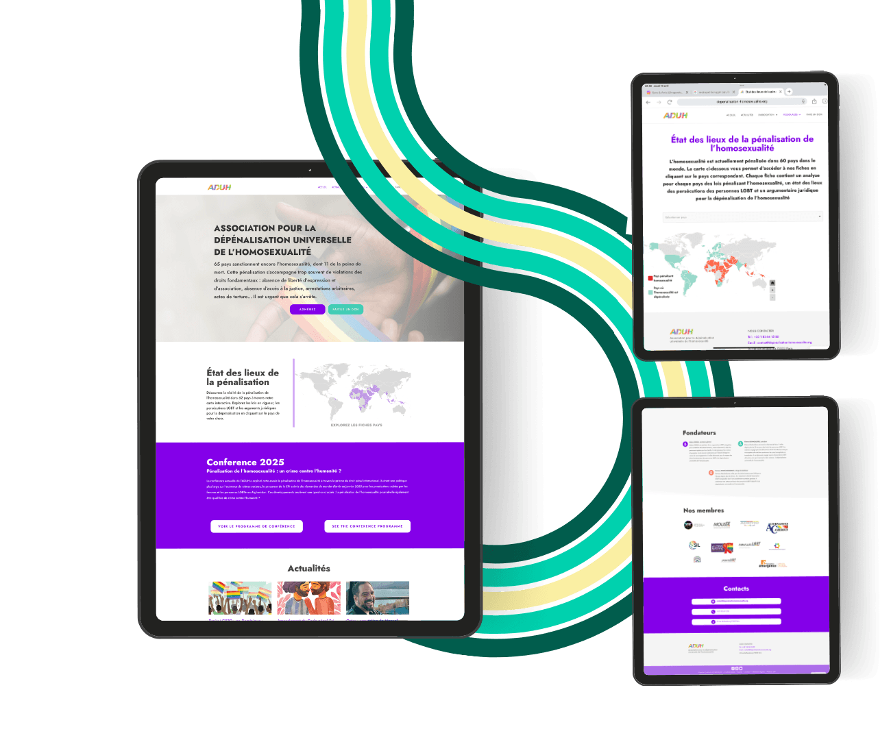 Mockup de trois tablettes qui affichent le site wordpress d'une association LGBT+