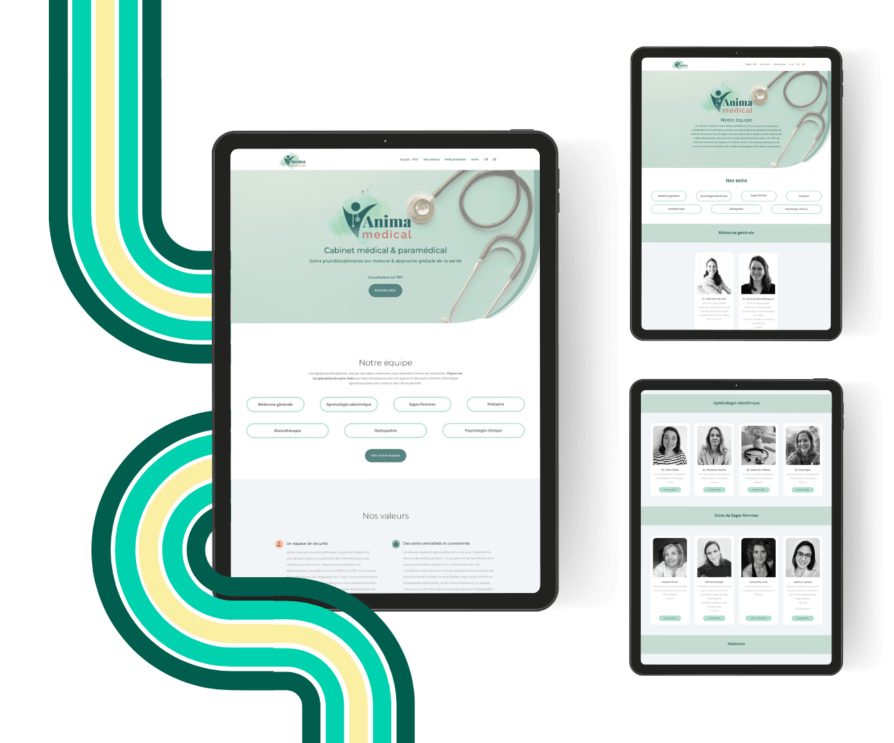 Mockup de trois tablettes qui affichent le site web d'un cabinet médical Belge