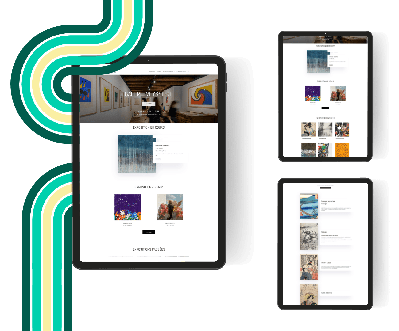 Mockup de trois tablettes qui affichent le site web d'une galerie d'art