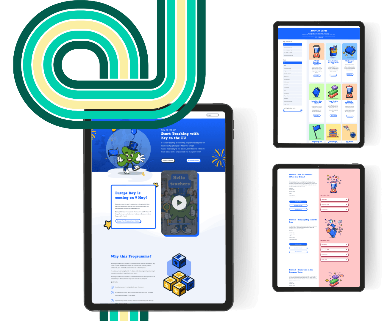 Mockup de trois tablettes qui affichent le site web d'une plateforme d'apprentissage dédiée au profs